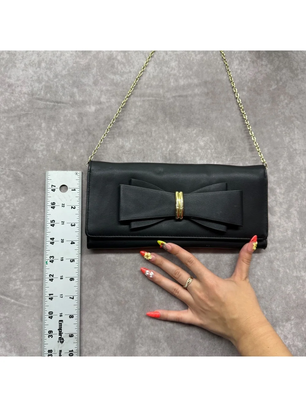 Betsey Johnson Black Faux Leather Front Bow Clutch Gold Chain Crossbody Bag